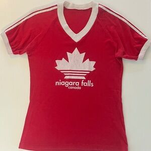 Red Vintage Adidas Niagara Falls Canada Maple Leaf V-Neck T-Shirt